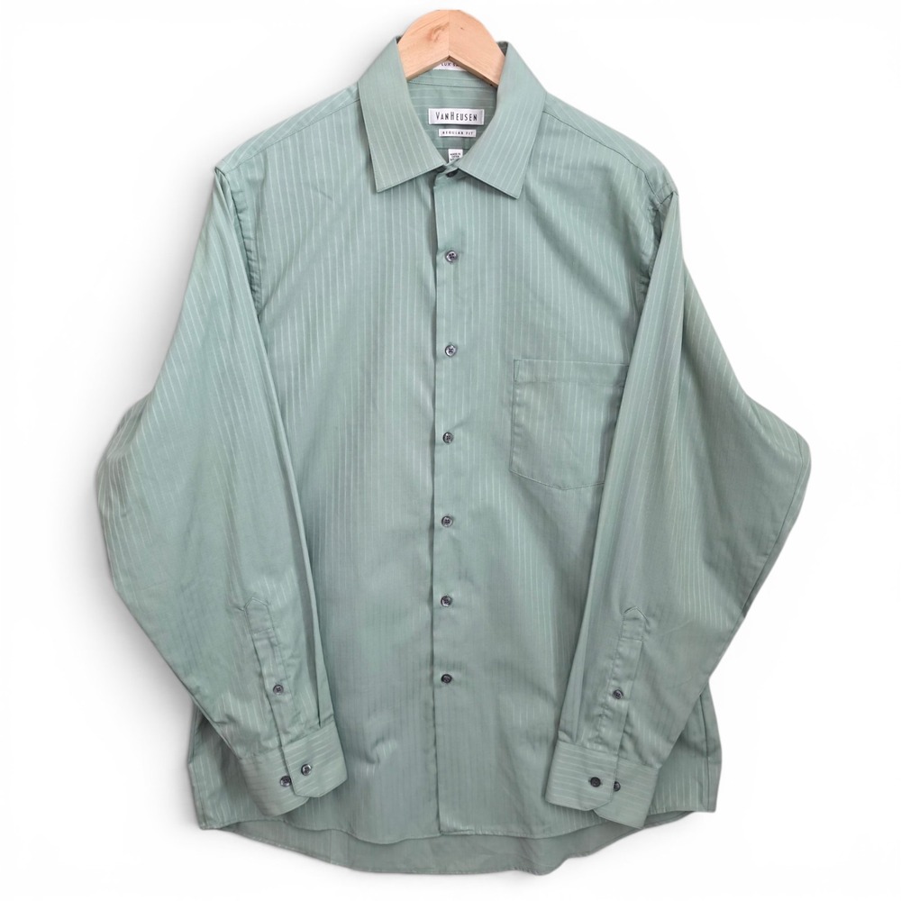 Van Heusen Dress Shirt Mens‎ 16 34/35 Green Button Wrinkle Free Lux Satin Career